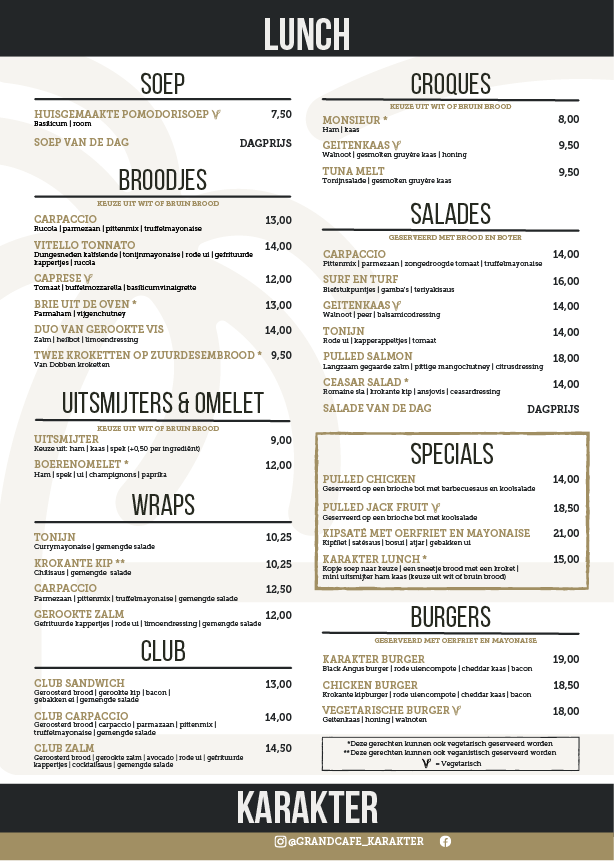 Lunch kaart voor Grand Cafe Karakter